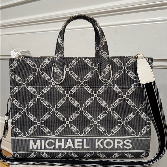 Michael Kors Bag Gigi Large Empire Logo Jacquard Gray White Tote - Picture 4 of 17